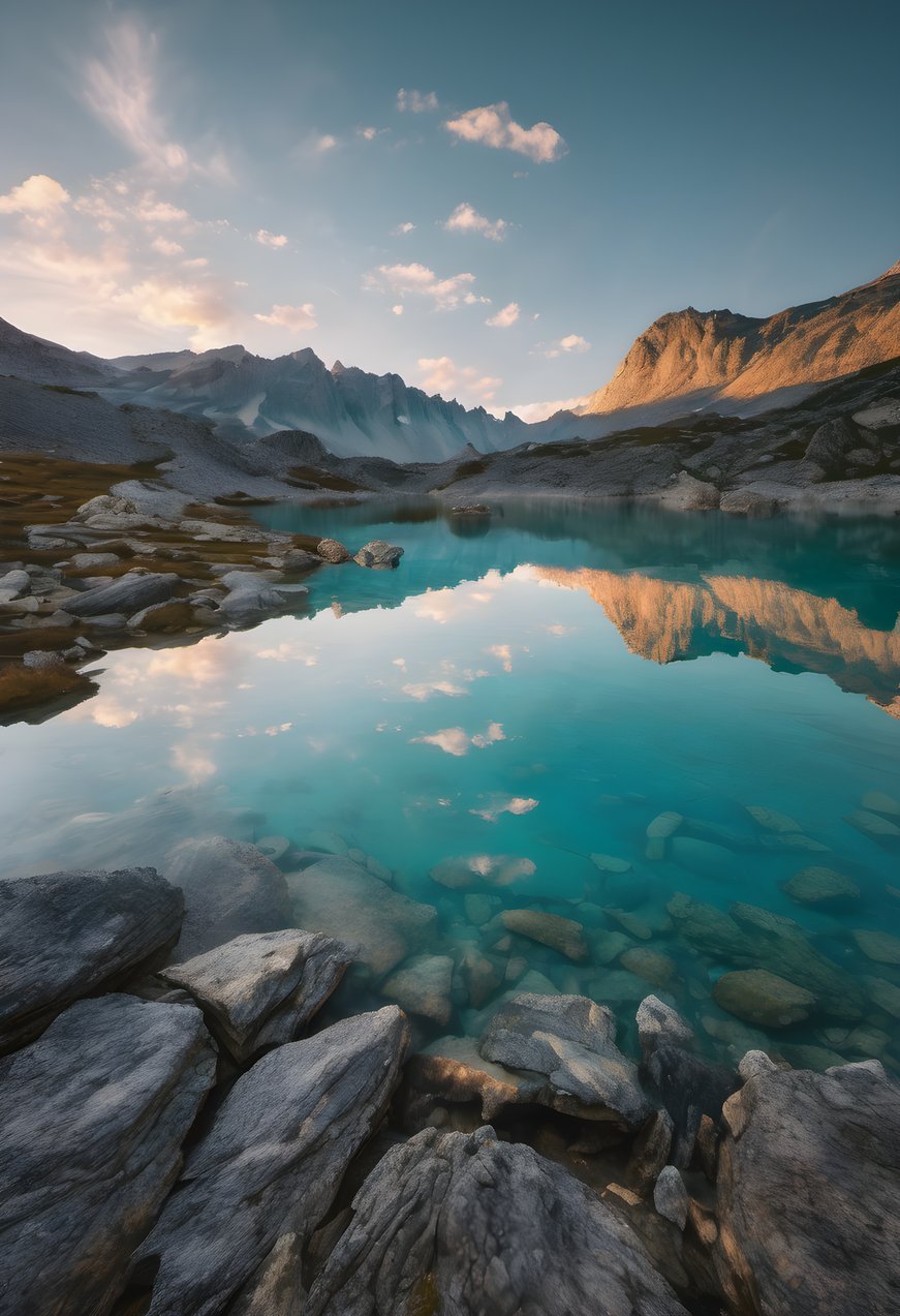 A turquoise alpine lake framed by granite shores at golden hour
