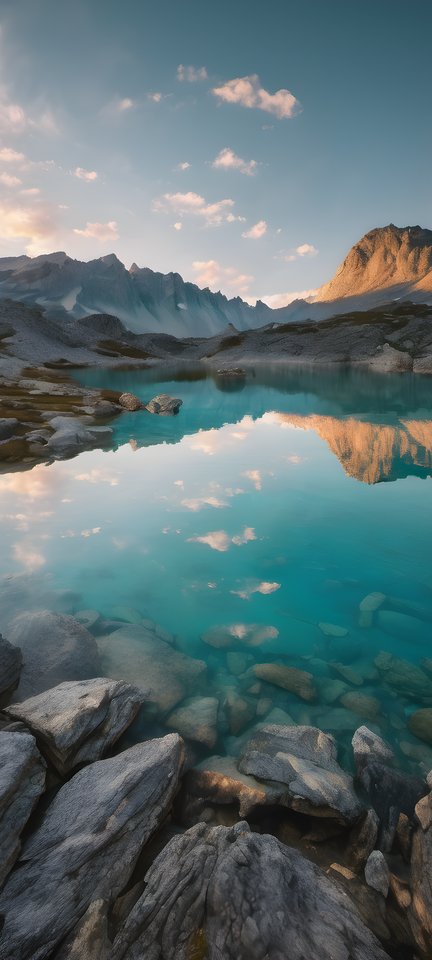 A turquoise alpine lake framed by granite shores at golden hour