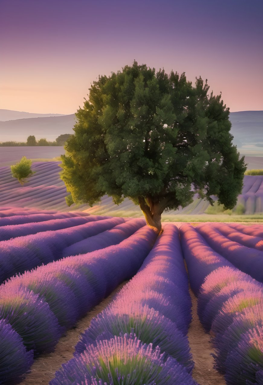 Rows of lavender stretching to the horizon at dusk in soft morning light