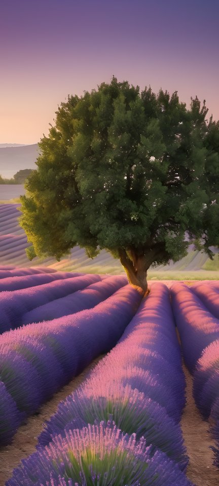 Rows of lavender stretching to the horizon at dusk in soft morning light