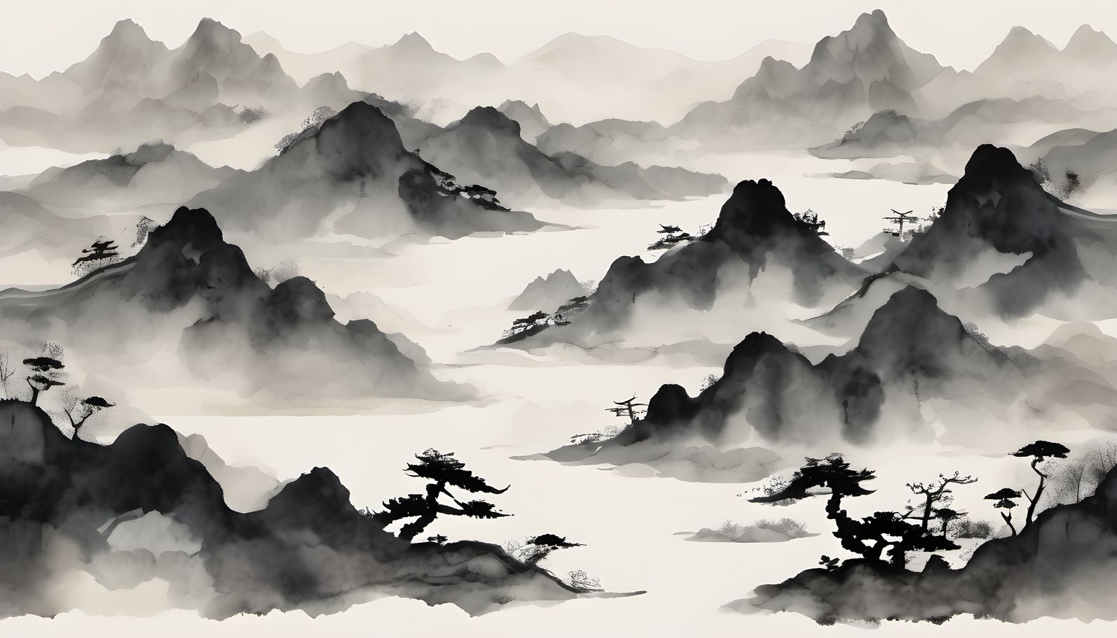 An ink wash panorama of layered misty mountains and rivers on rice paper