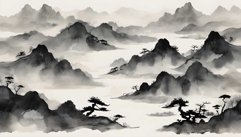 An ink wash panorama of layered misty mountains and rivers on rice paper