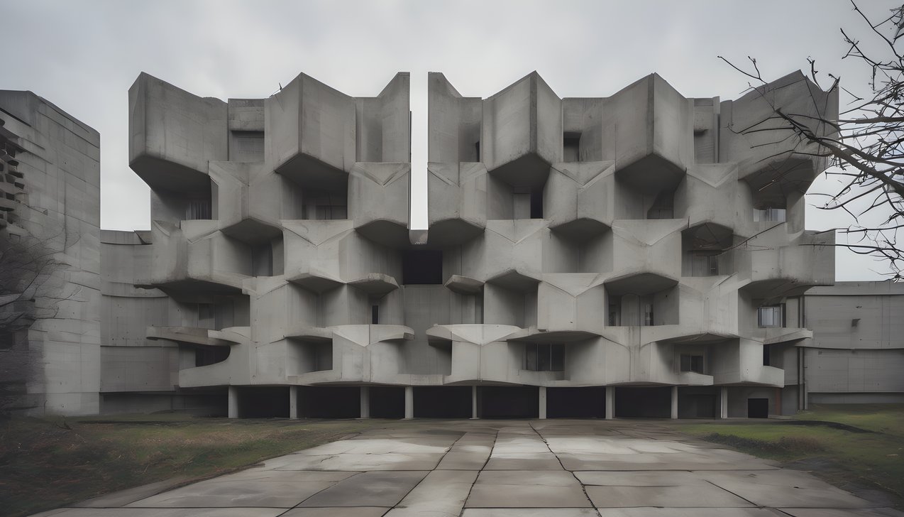 Brutalist concrete geometry under soft overcast light