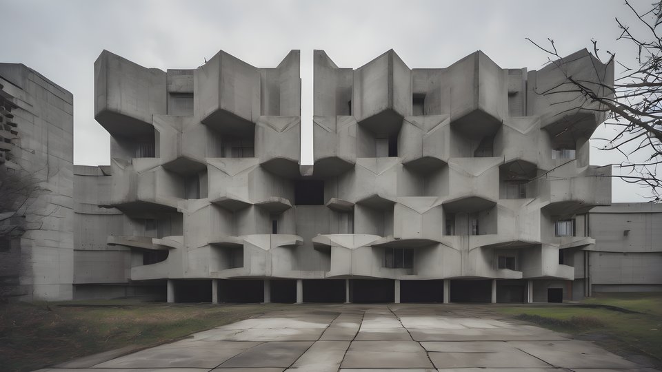 Brutalist concrete geometry under soft overcast light