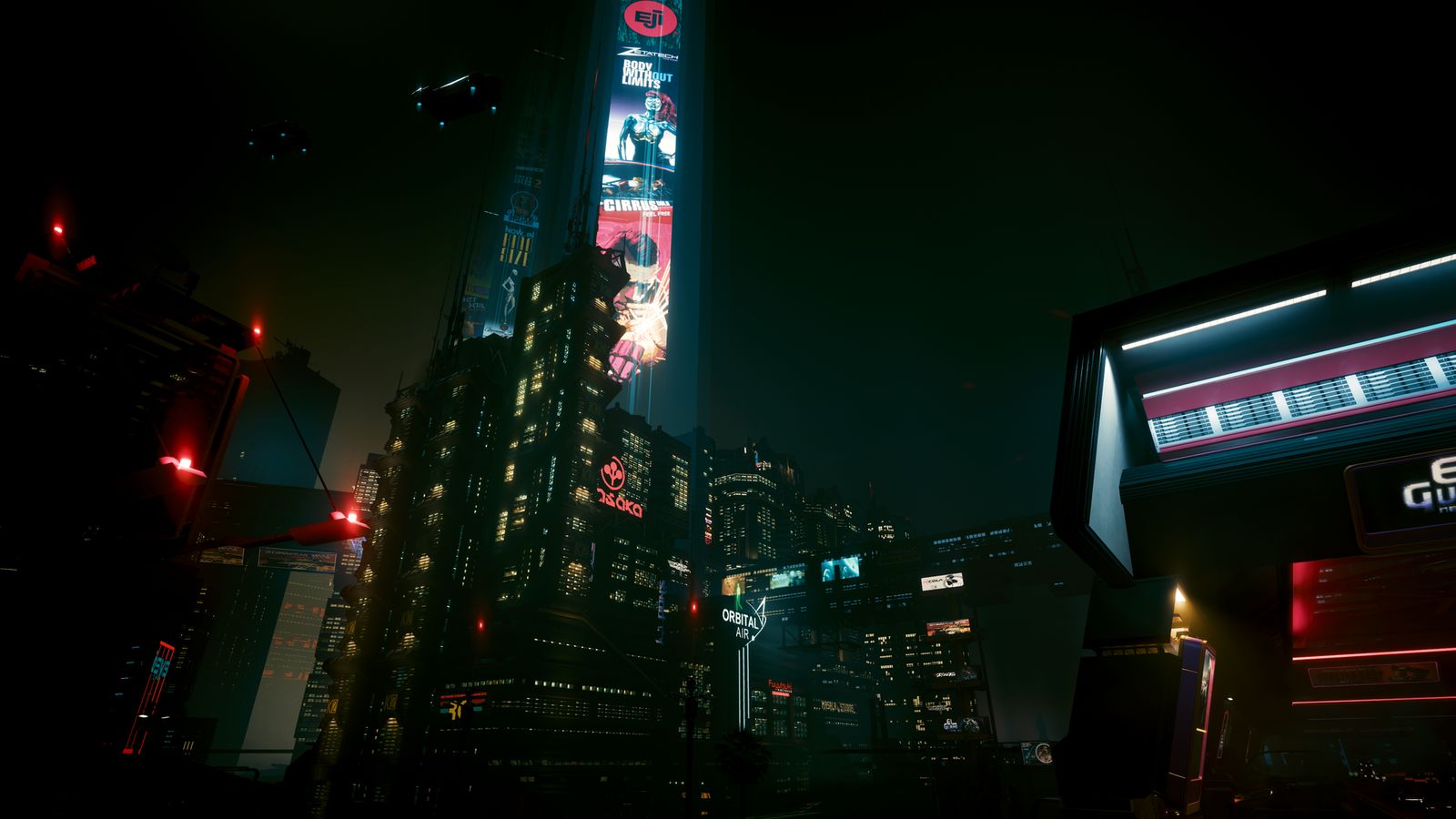 A dark cyberpunk cityscape at night with towering neon-lit skyscrapers, glowing advertisements, and flying vehicles overhead.