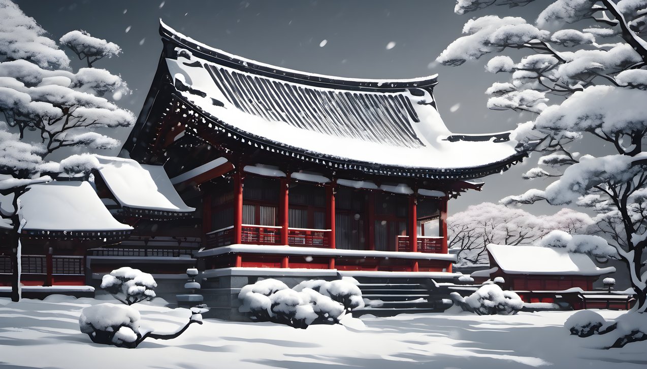Temple eaves gathered with fresh snow in dramatic side light