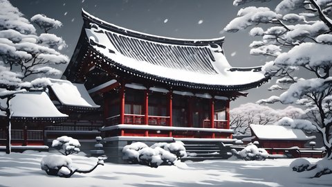 Temple eaves gathered with fresh snow in dramatic side light