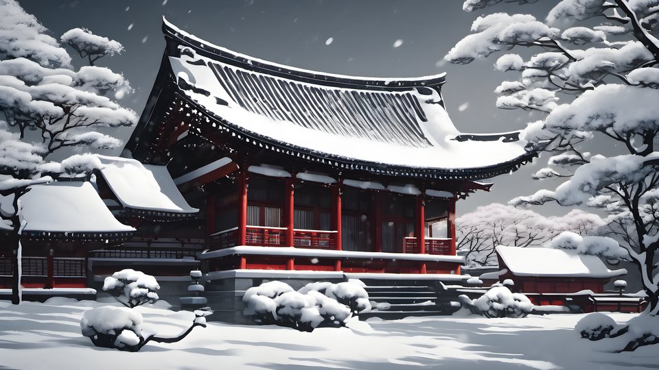 Temple eaves gathered with fresh snow in dramatic side light