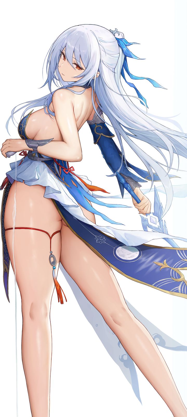 Anime illustration of a long silver-haired girl in a blue and white fantasy outfit holding a sword.