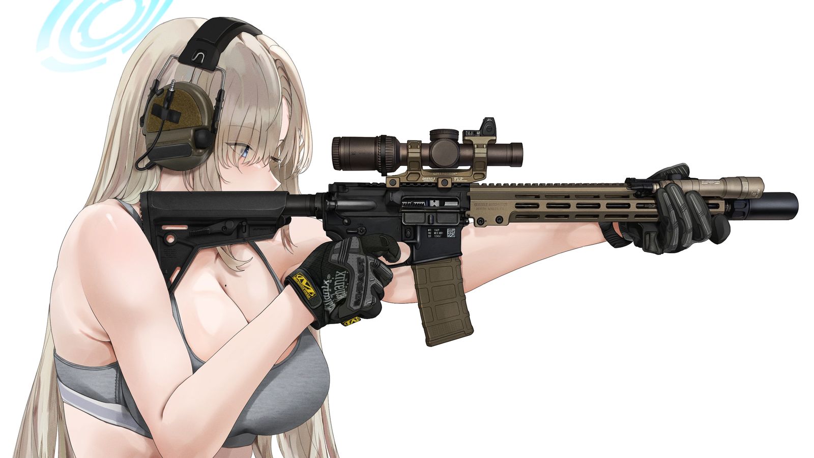 An anime girl with long blonde hair wearing ear protection aiming a scoped AR-15 style rifle.
