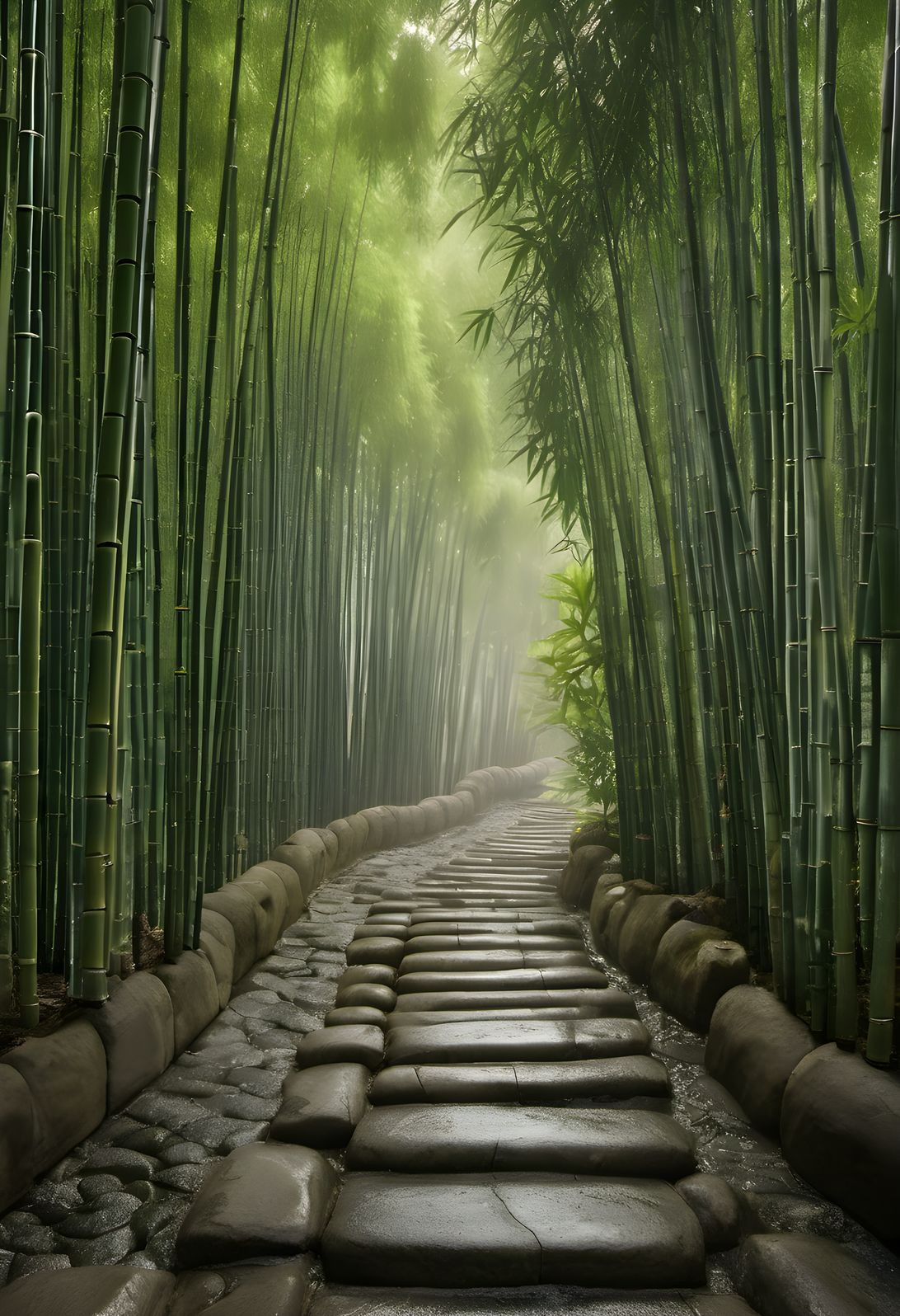 A stone lantern path winding through a bamboo grove after rain