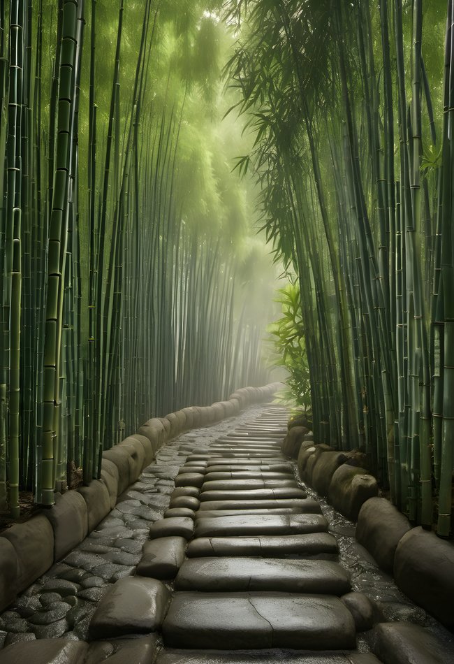 A stone lantern path winding through a bamboo grove after rain