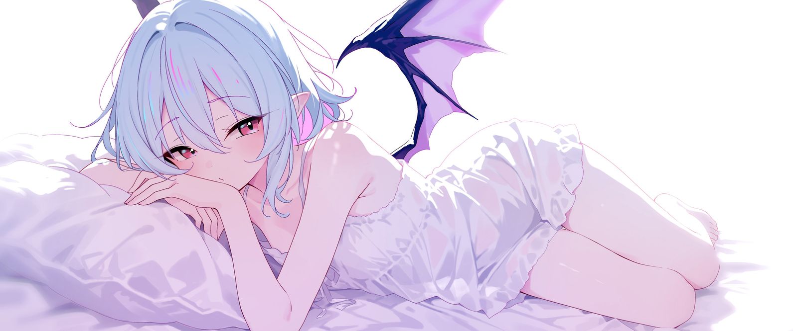 An anime girl with light blue hair and small demon wings lies on a white bed resting her head on a pillow.