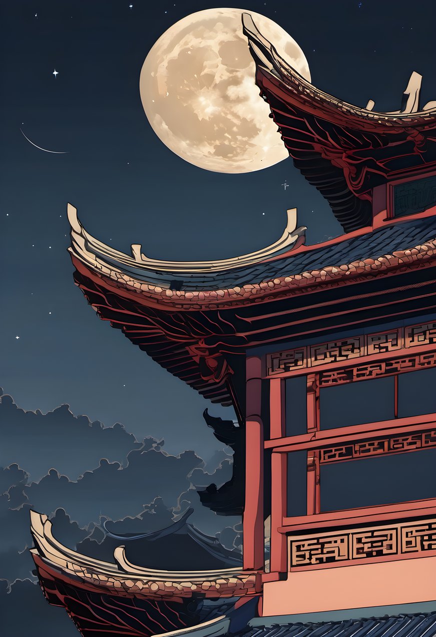 Chinese temple rooftops with upturned eaves silhouetted under a full moon