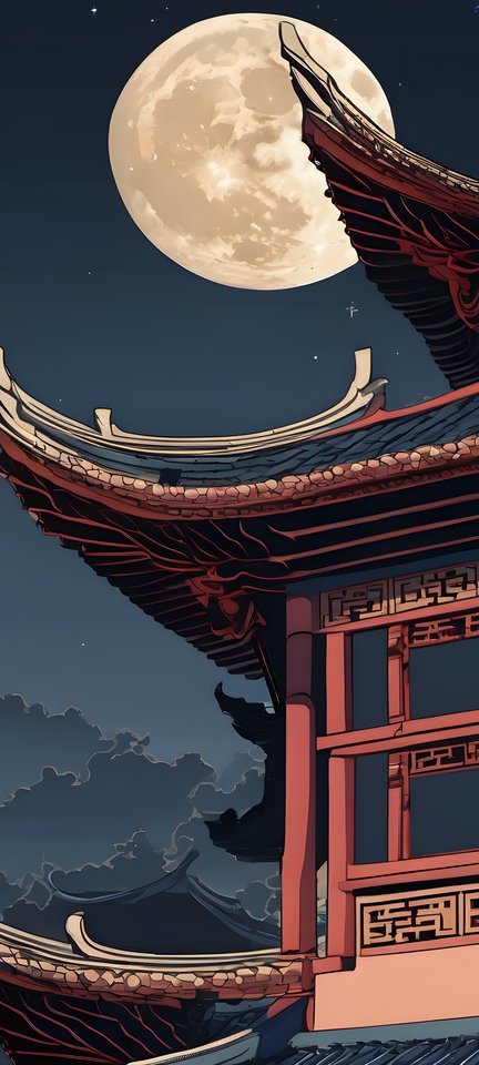Chinese temple rooftops with upturned eaves silhouetted under a full moon