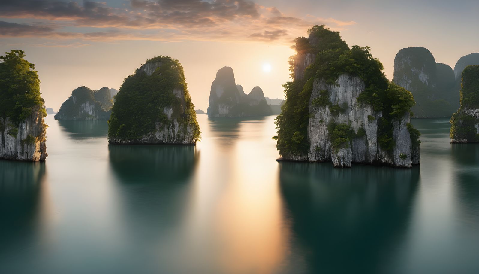 Limestone karst islands rising from a calm bay at golden hour