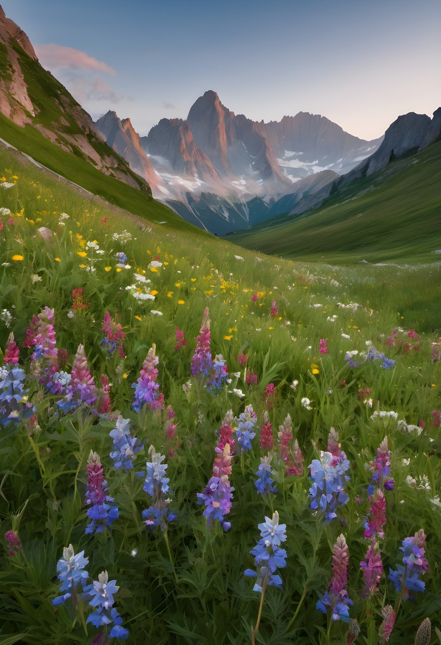 Wildflowers scattered across an alpine meadow beneath peaks