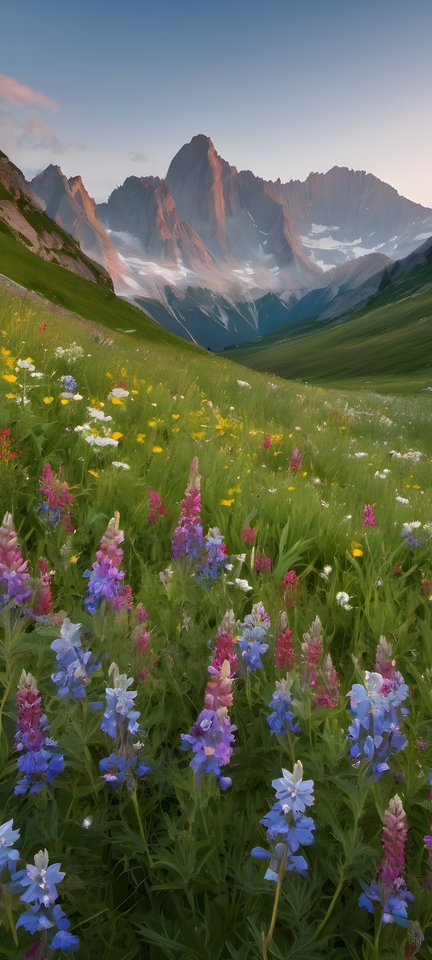 Wildflowers scattered across an alpine meadow beneath peaks