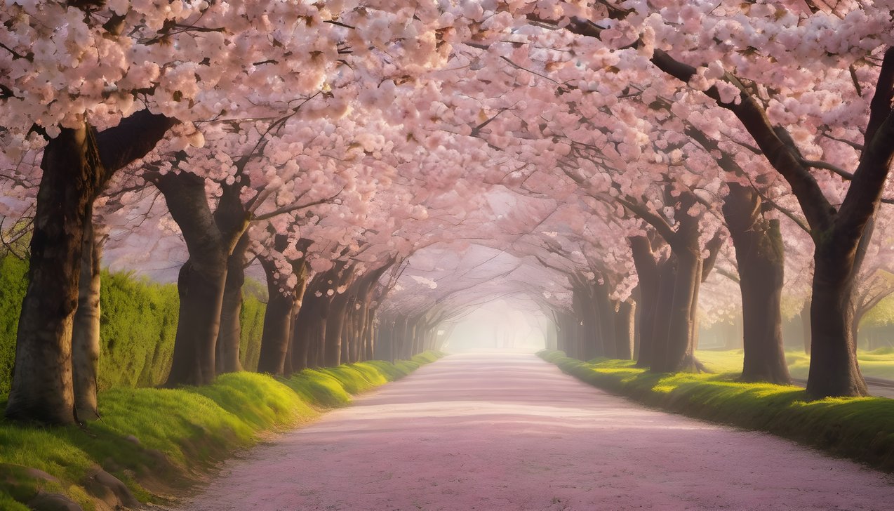 An avenue of cherry trees in full spring bloom in soft morning light