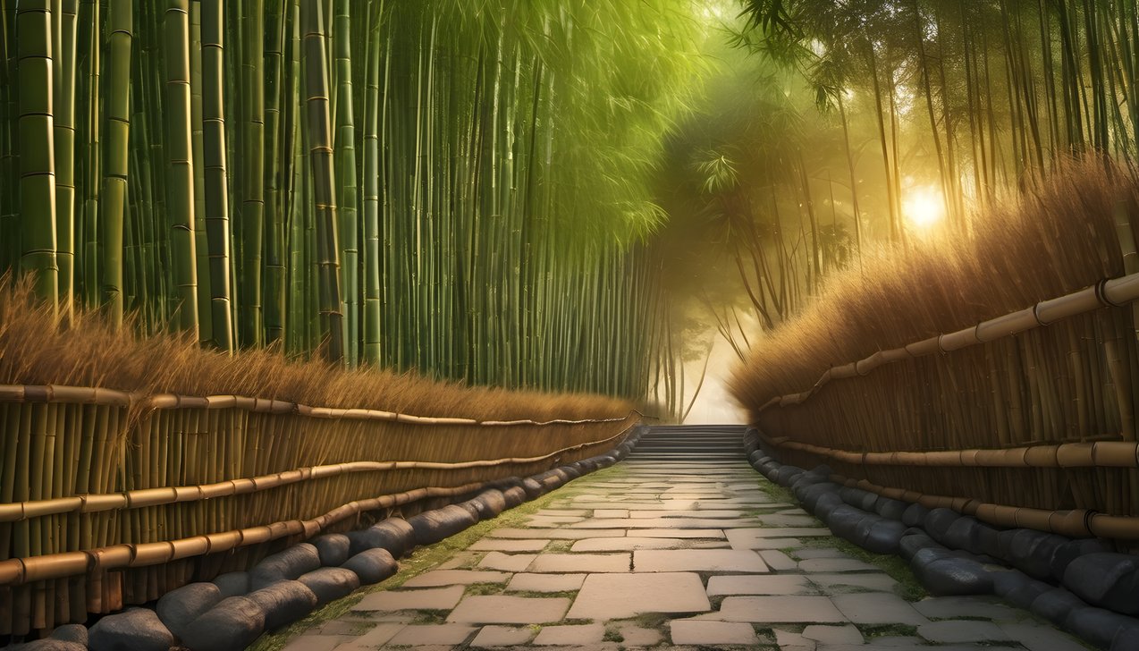 A stone lantern path winding through a bamboo grove at golden hour