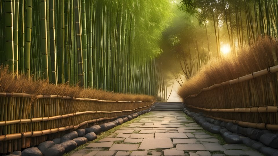 A stone lantern path winding through a bamboo grove at golden hour