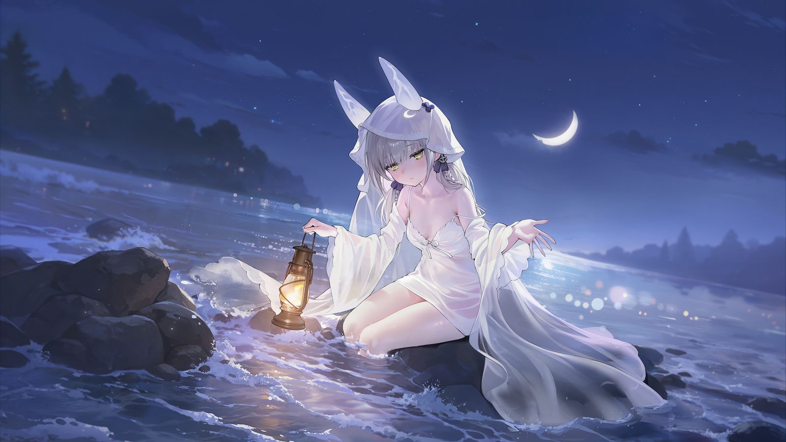 An anime girl with rabbit ears and a white dress kneels on rocks at night, holding a glowing lantern by the sea under a crescent moon.