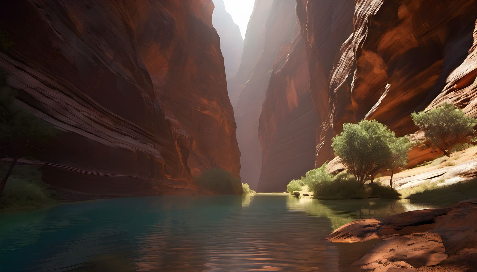 Reflected light bouncing through a narrow slot canyon