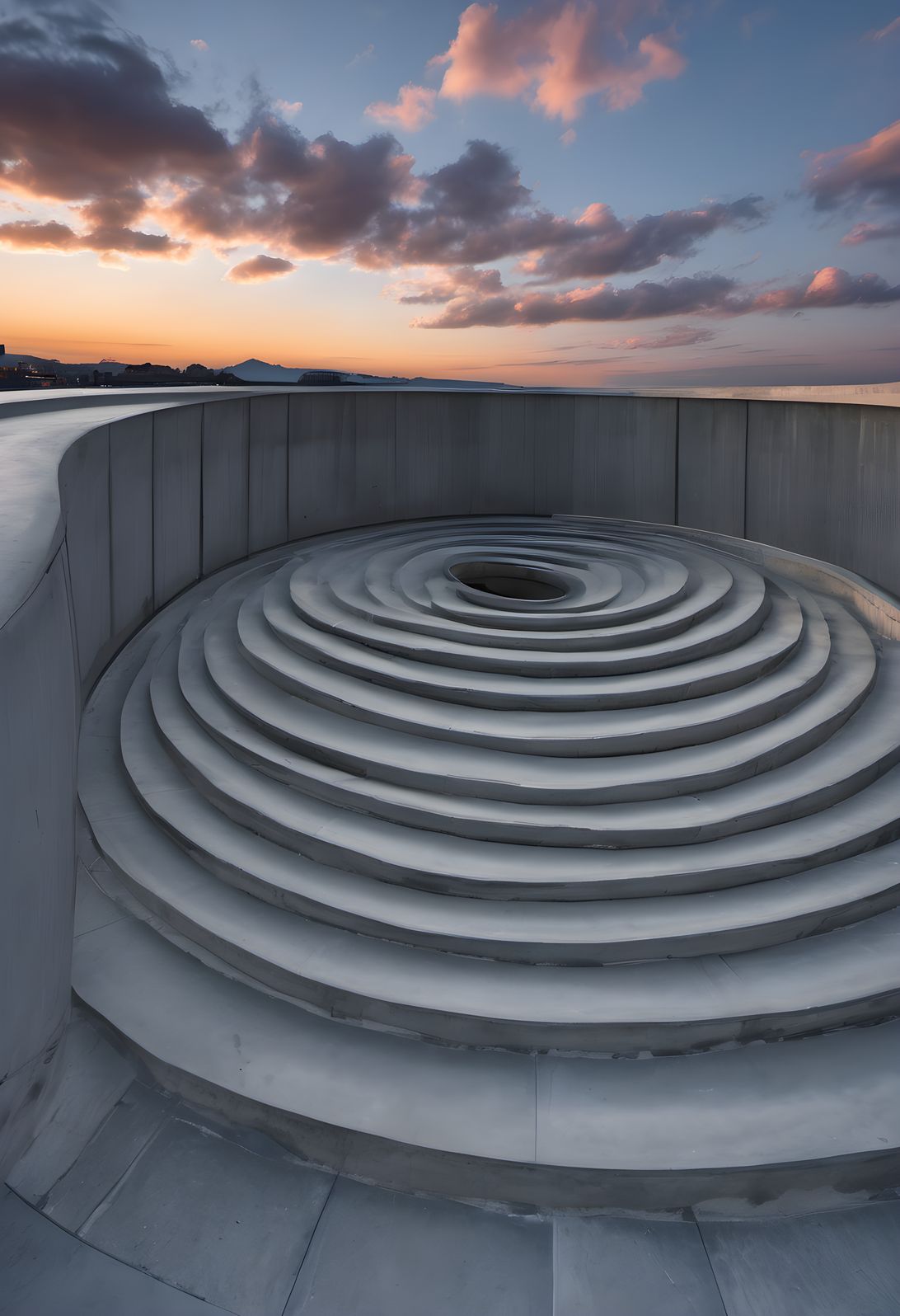 A concrete spiral ramp drawn against the sky at blue hour