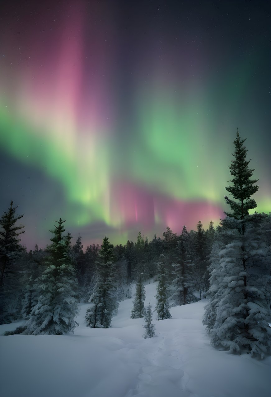 Northern lights dancing above a silhouetted pine forest in soft morning light