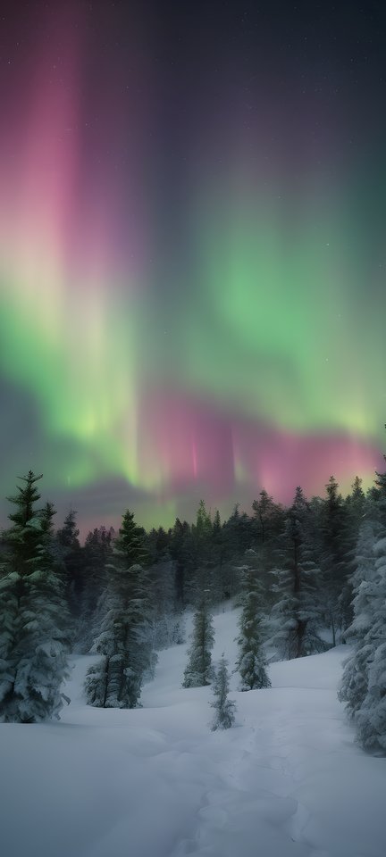 Northern lights dancing above a silhouetted pine forest in soft morning light