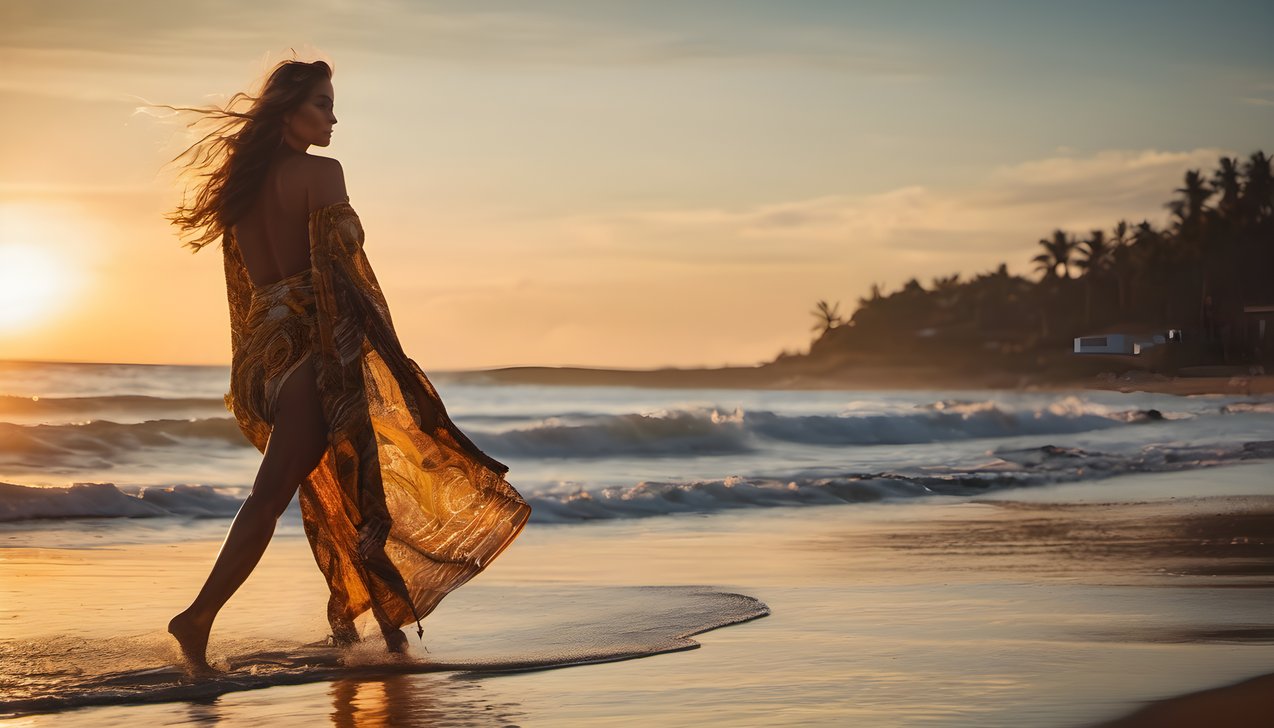 A woman with a sarong walking the shoreline at sunset with golden backlight