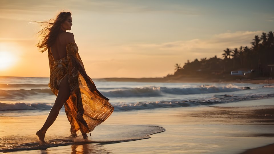 A woman with a sarong walking the shoreline at sunset with golden backlight
