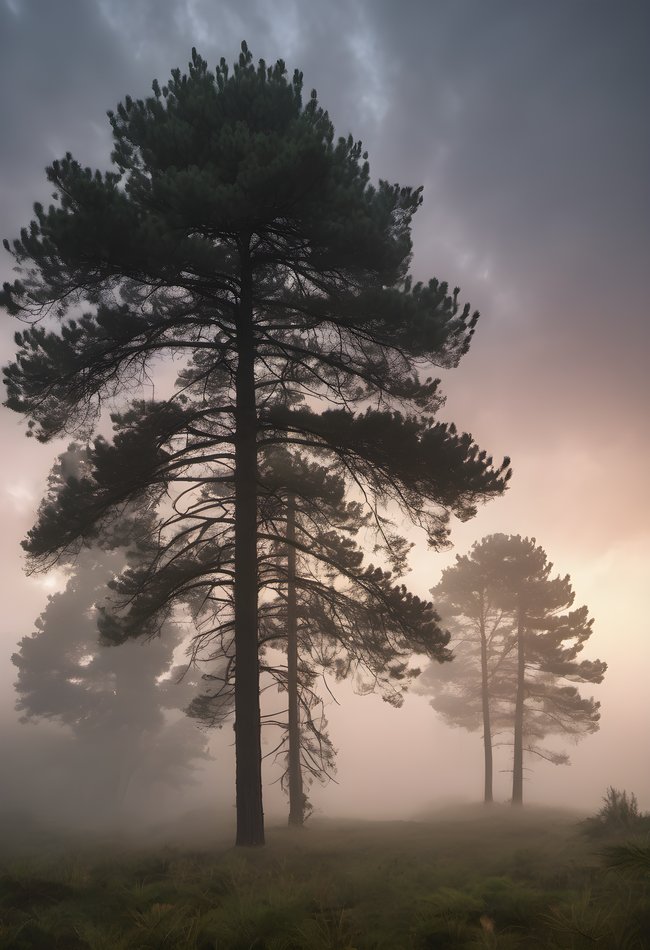 Morning fog drifting between tall pine trees after rain