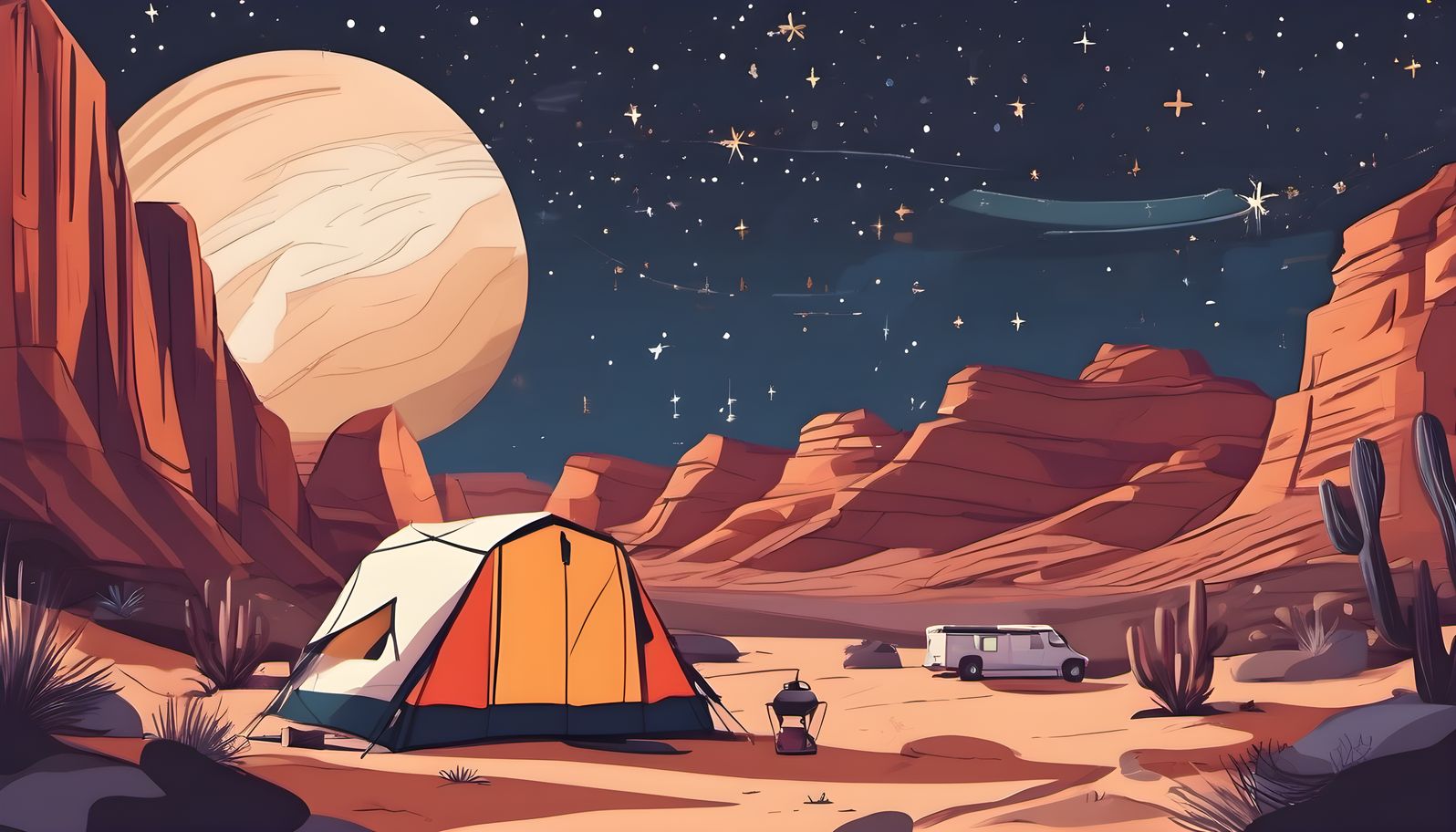 A flat illustration of a tiny camper under a giant starry desert canyon sky