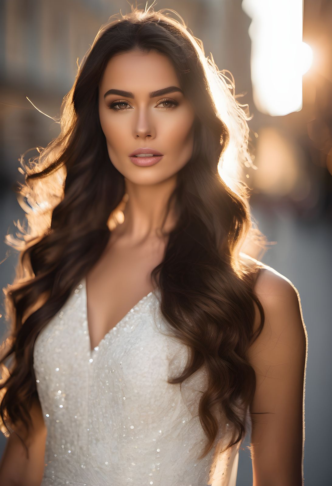 Fashion portrait of a young woman in a white dress under golden hour city light