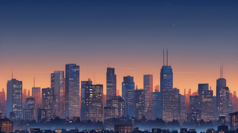 A city skyline at blue hour with scattered warm window lights
