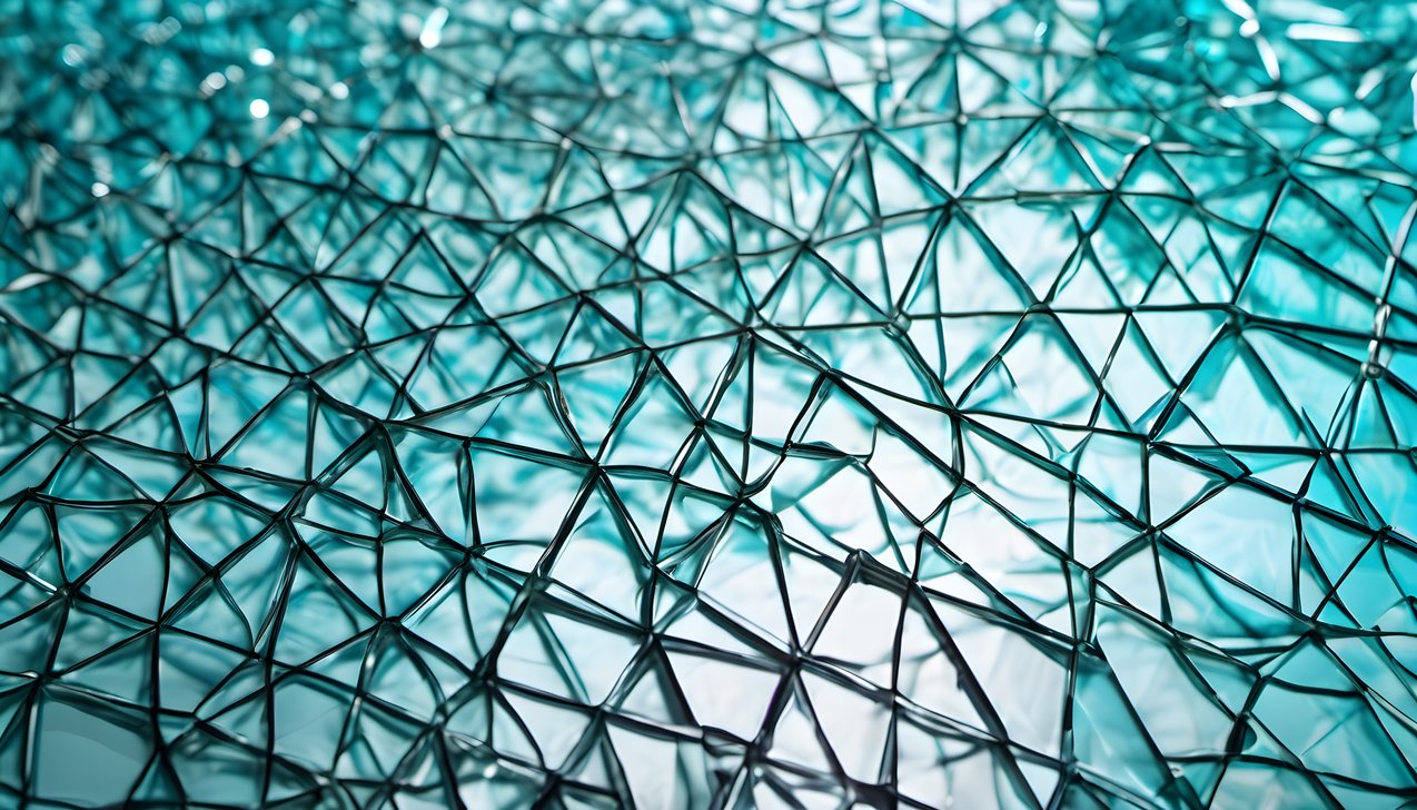 Cyan light refracting through glass patterns in soft diffused light