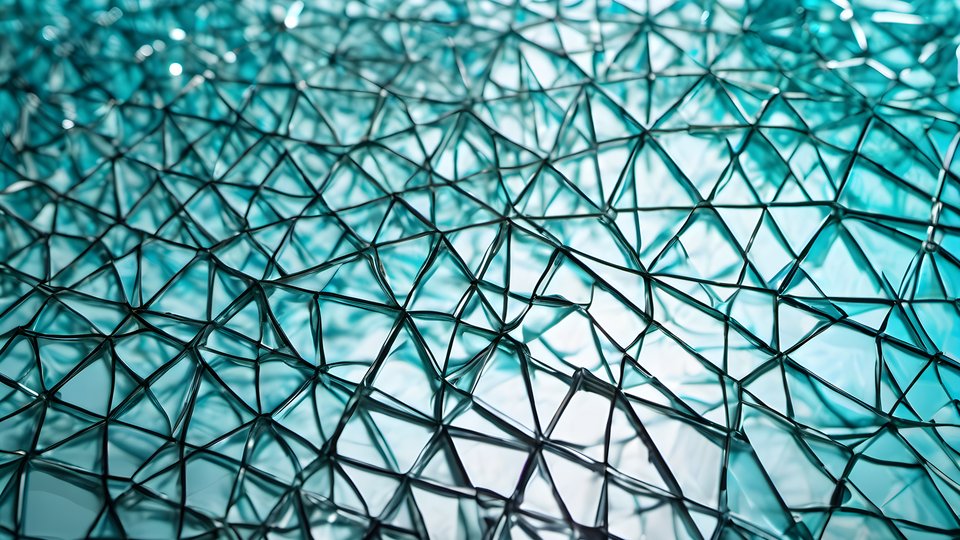 Cyan light refracting through glass patterns in soft diffused light
