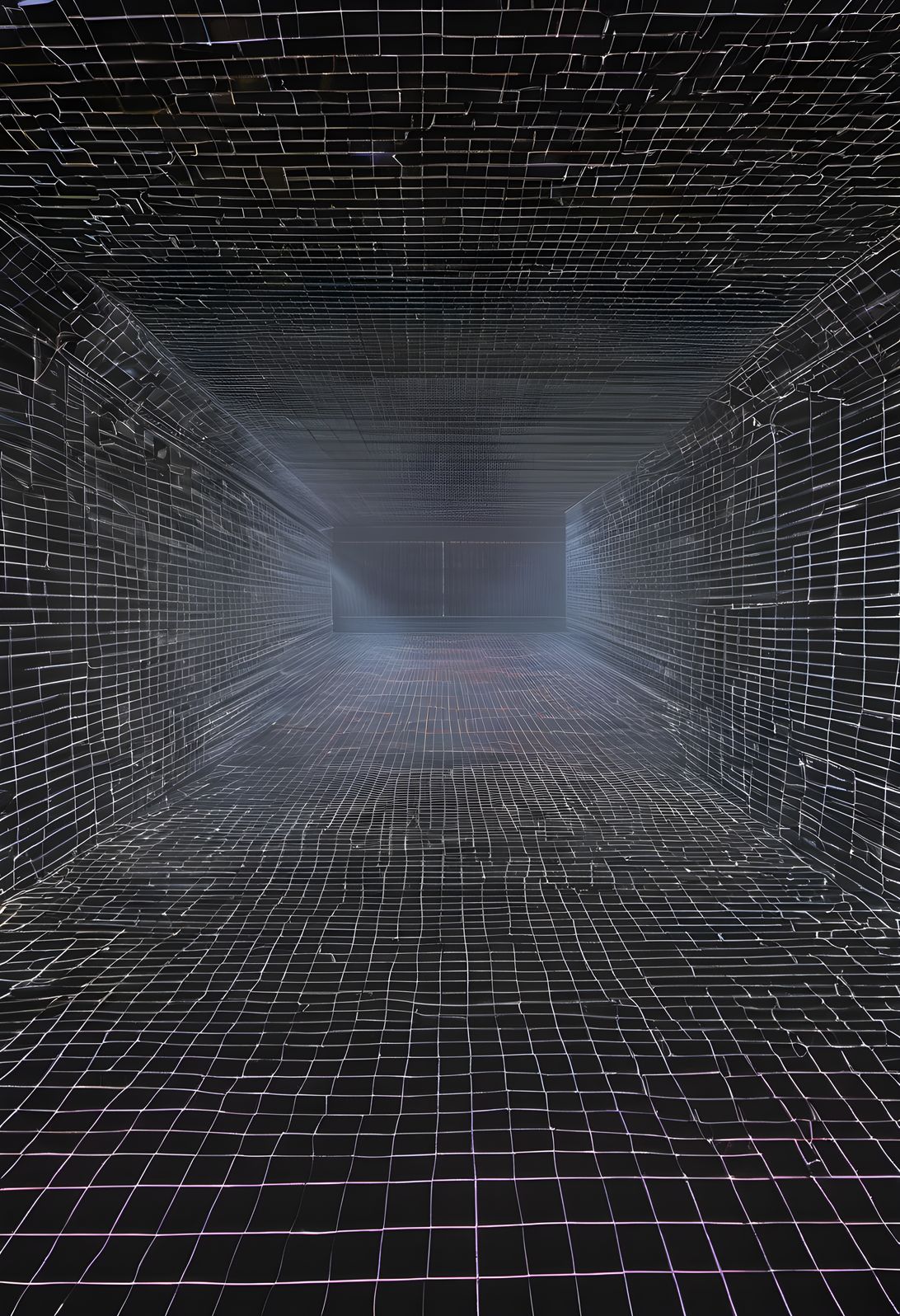 A laser grid projected through a dark room in a dark studio