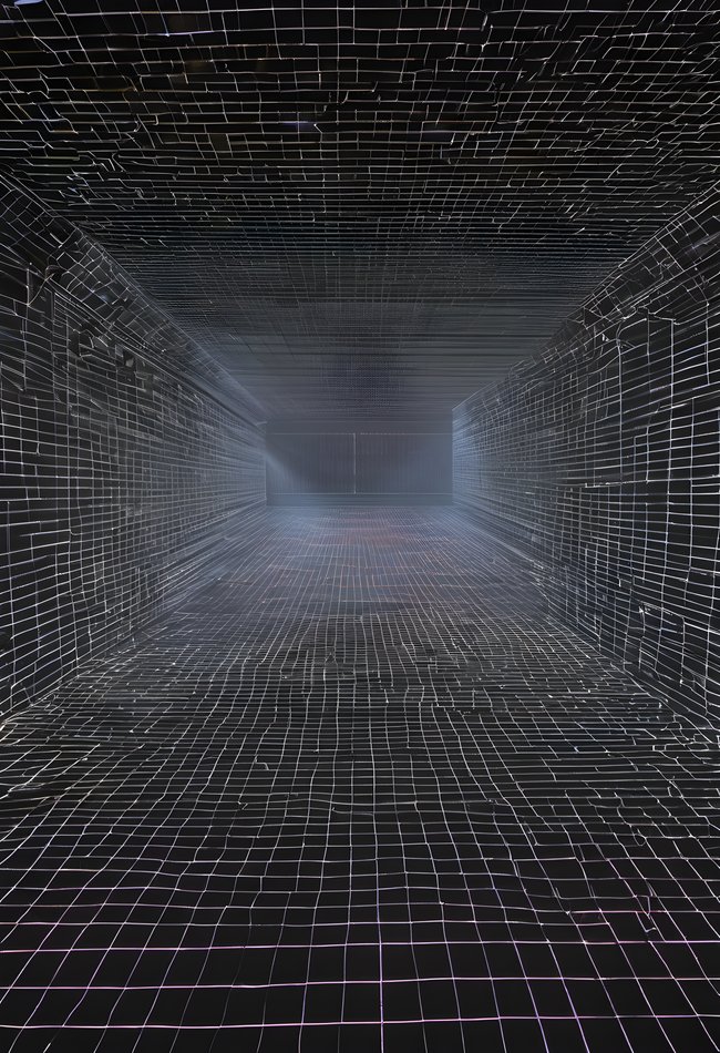 A laser grid projected through a dark room in a dark studio
