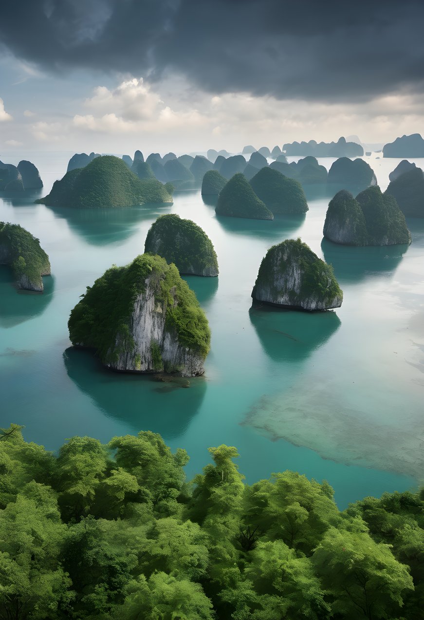 Limestone karst islands rising from a calm bay after rain