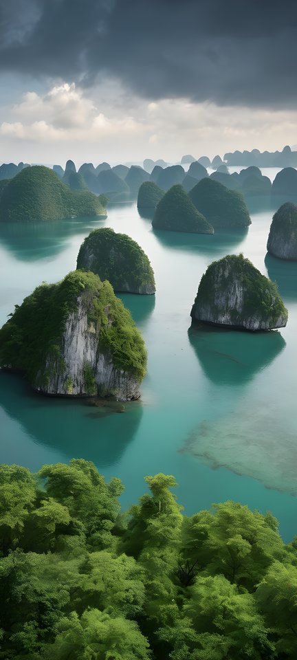 Limestone karst islands rising from a calm bay after rain