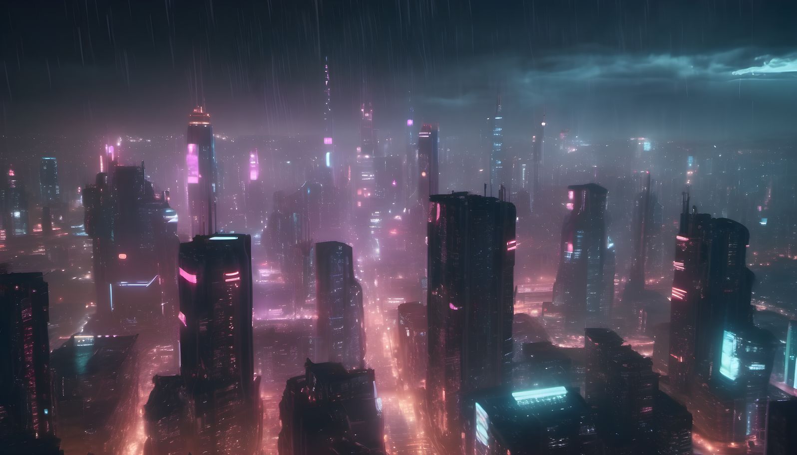 A rain soaked cyberpunk skyline glowing with holographic tower lights