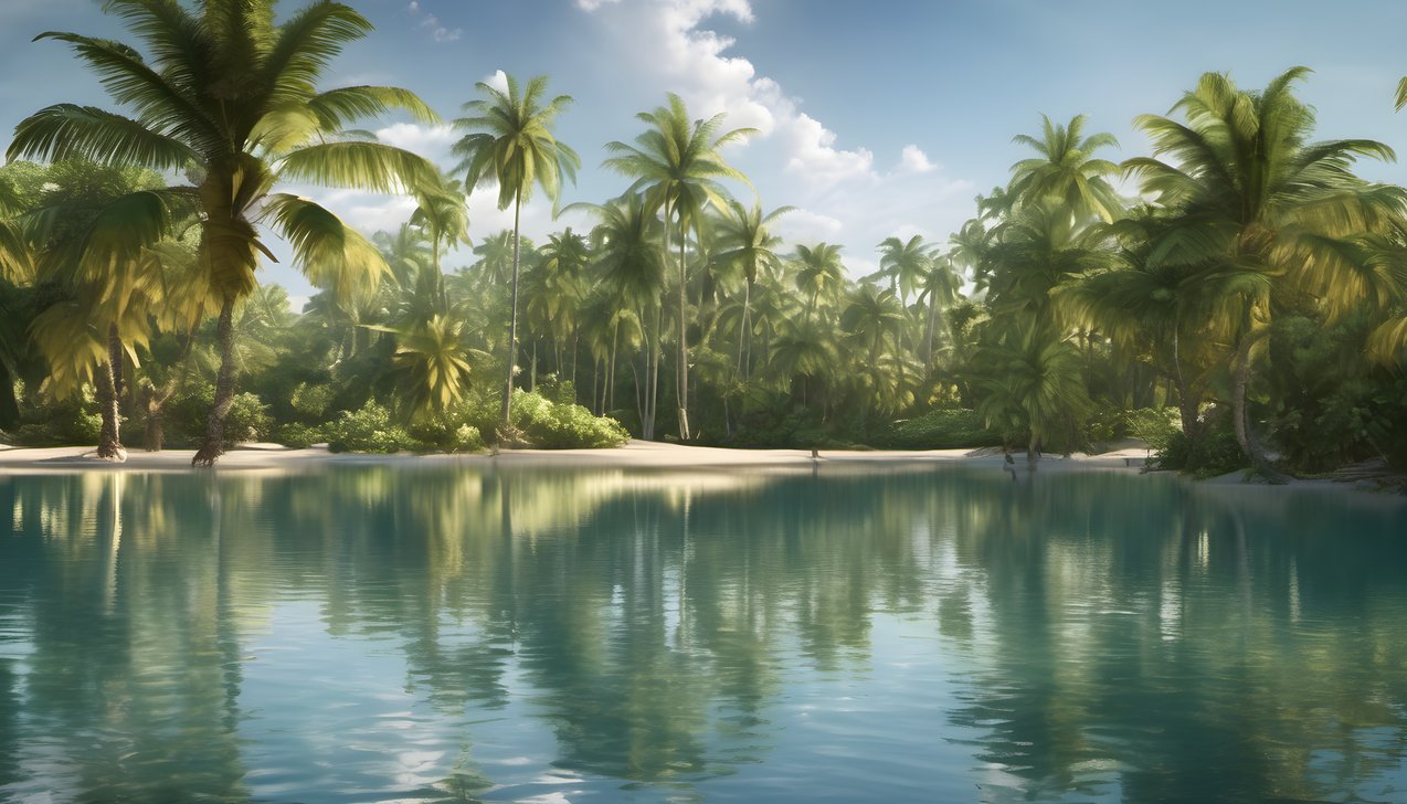 Palm shadows falling across a clear tropical lagoon in soft morning light