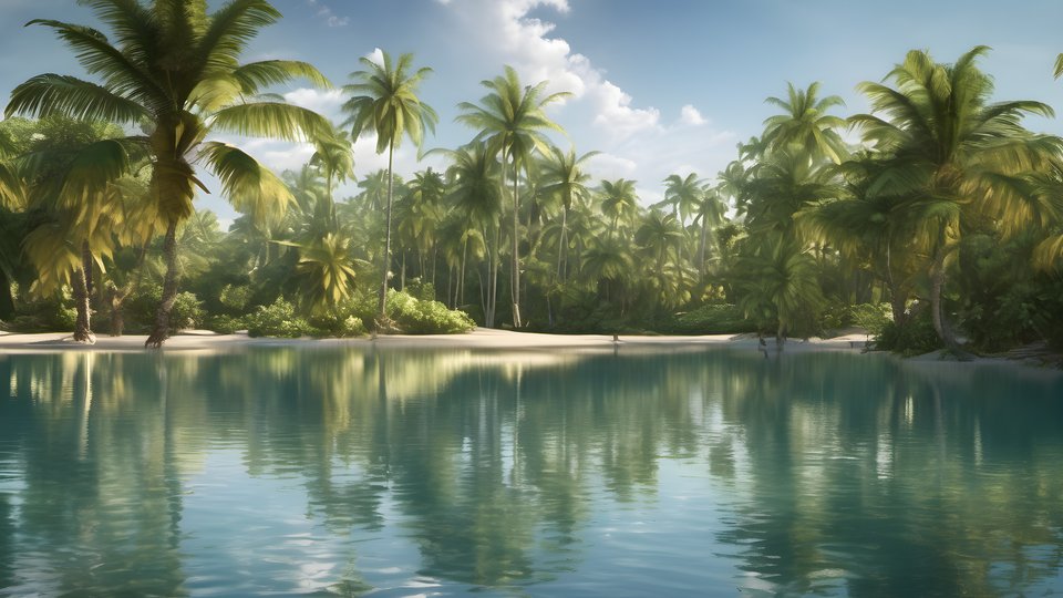 Palm shadows falling across a clear tropical lagoon in soft morning light